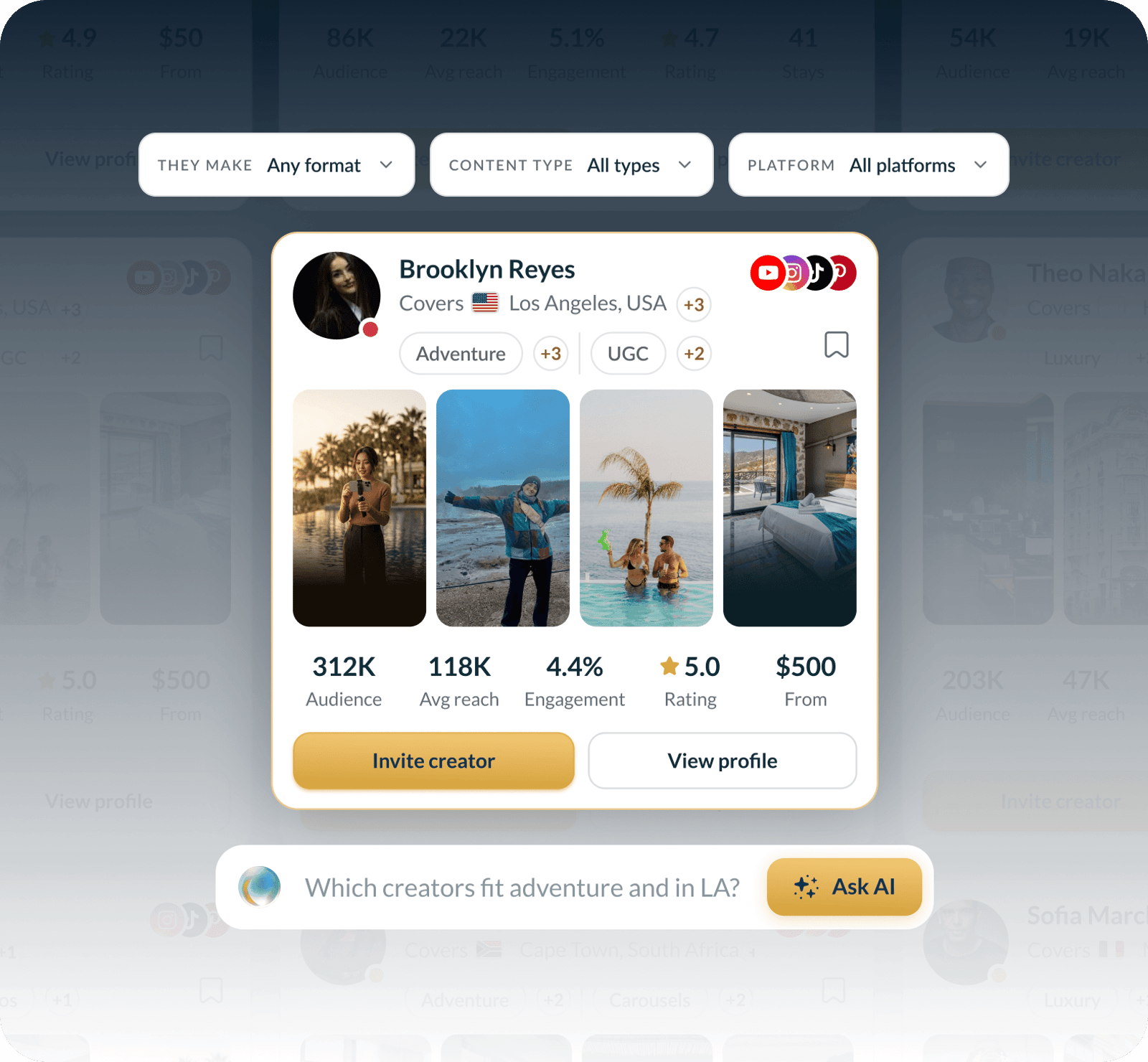 A hotel browsing creator profiles, each one carrying reach, engagement and on-time delivery from past stays.