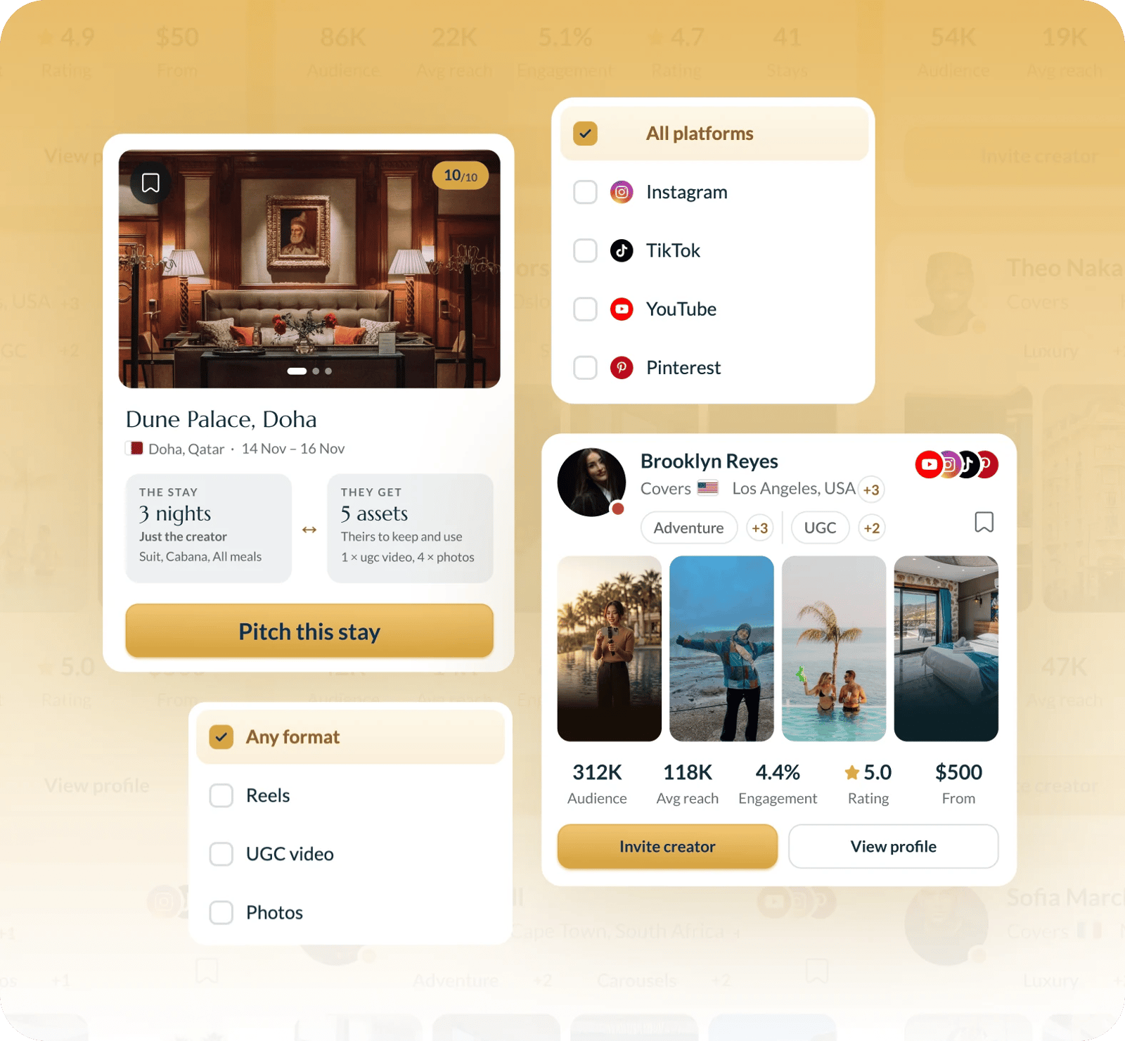 A hotel browsing creator profiles, filtering by format and platform, with reach, engagement and rate on each one.
