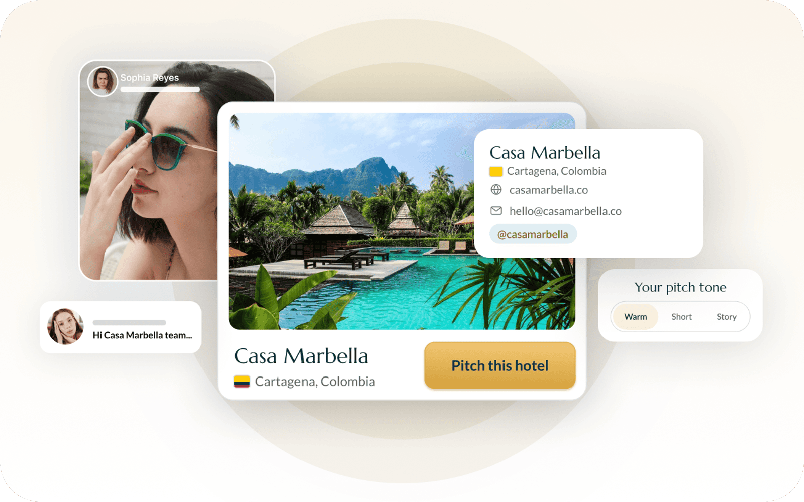 A creator pitching a property directly, with the hotel’s own contact and the pitch tone control.